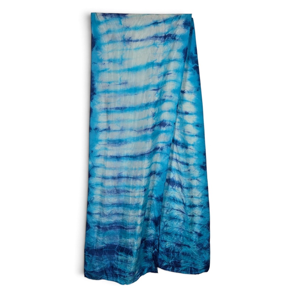 Silk Scarf Womens Tie Dye Blue White Stripe Lightweight W13"xL68" Bohemian Artsy